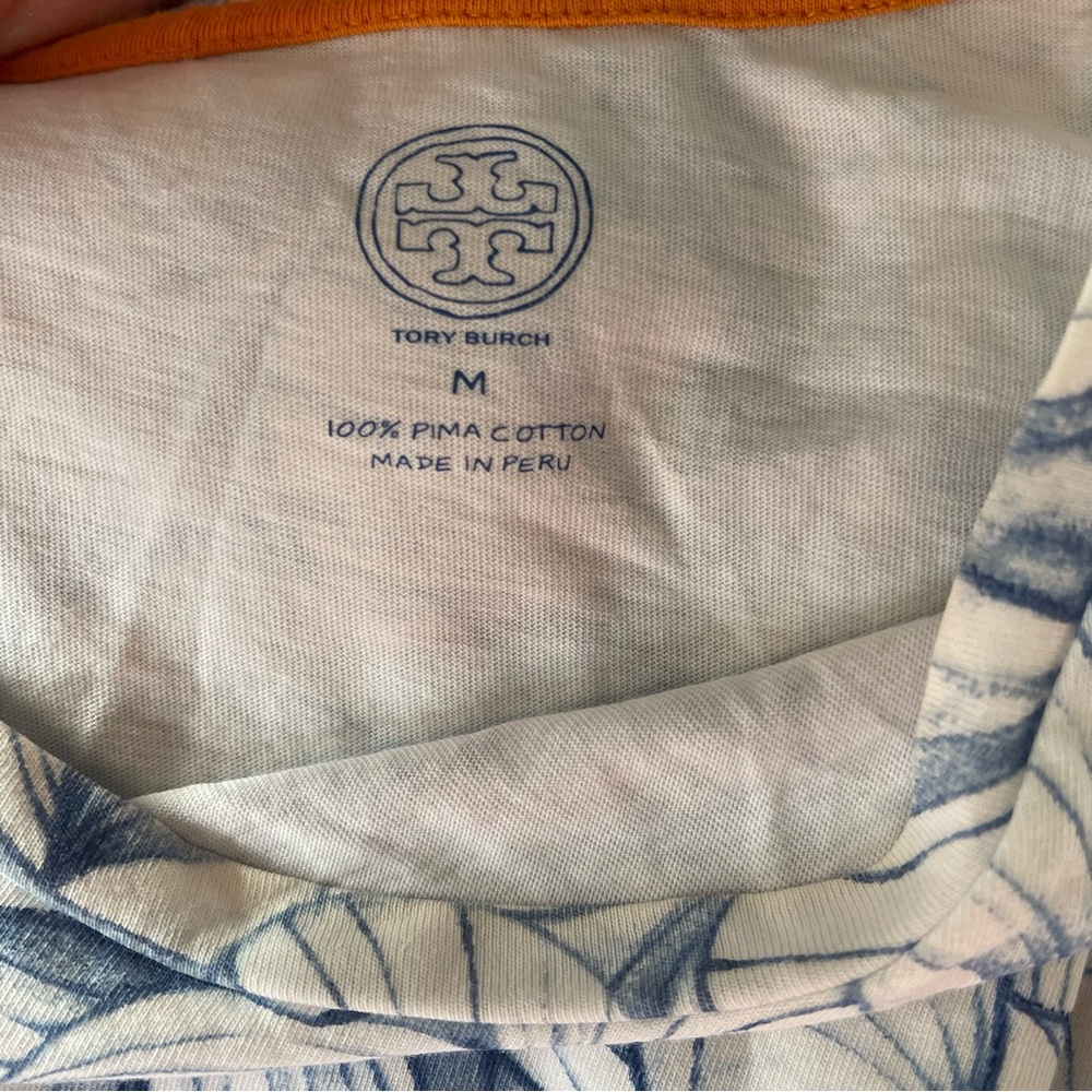 Tory Burch Blue Leaf Print Tee Size M Lightweight Summer Top Coastal Chic - Picture 6 of 7